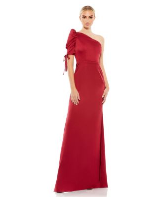 mac duggal one shoulder ruffle satin dress Mac Duggal Women's Ieena Satin One Shoulder Puff Sleeve Trumpet Gown