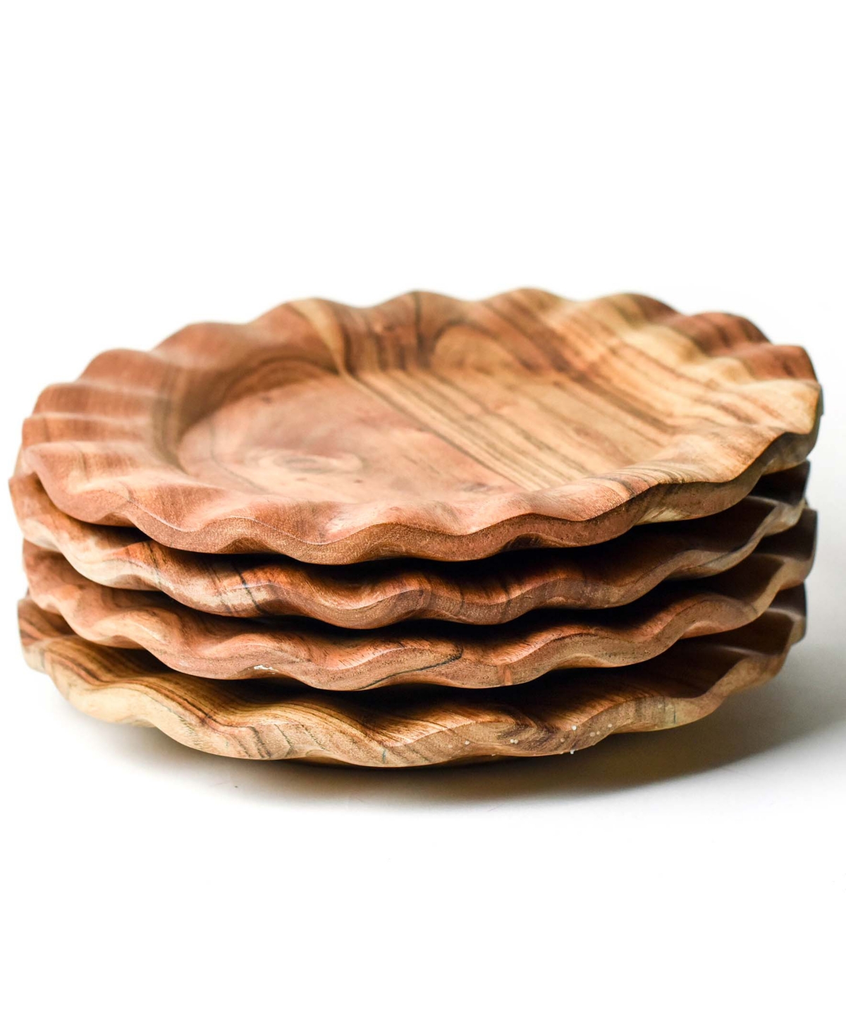 Fundamental Wood 11" Ruffle Dinner Plate Set of 4, Service for 4 - Brown