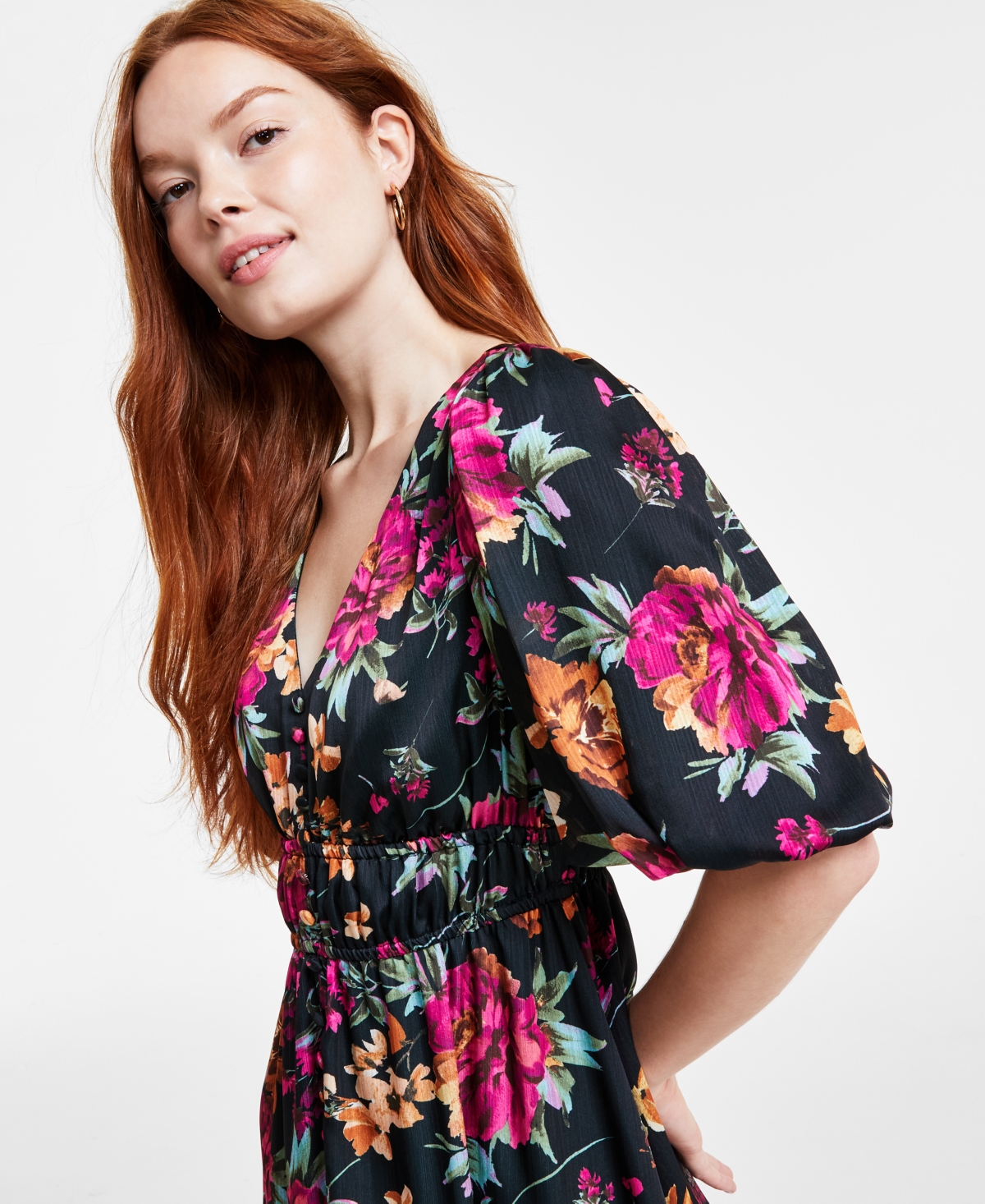 kensie Women's Floral-Print Elastic-Waist Puff-Sleeve Tiered Dress