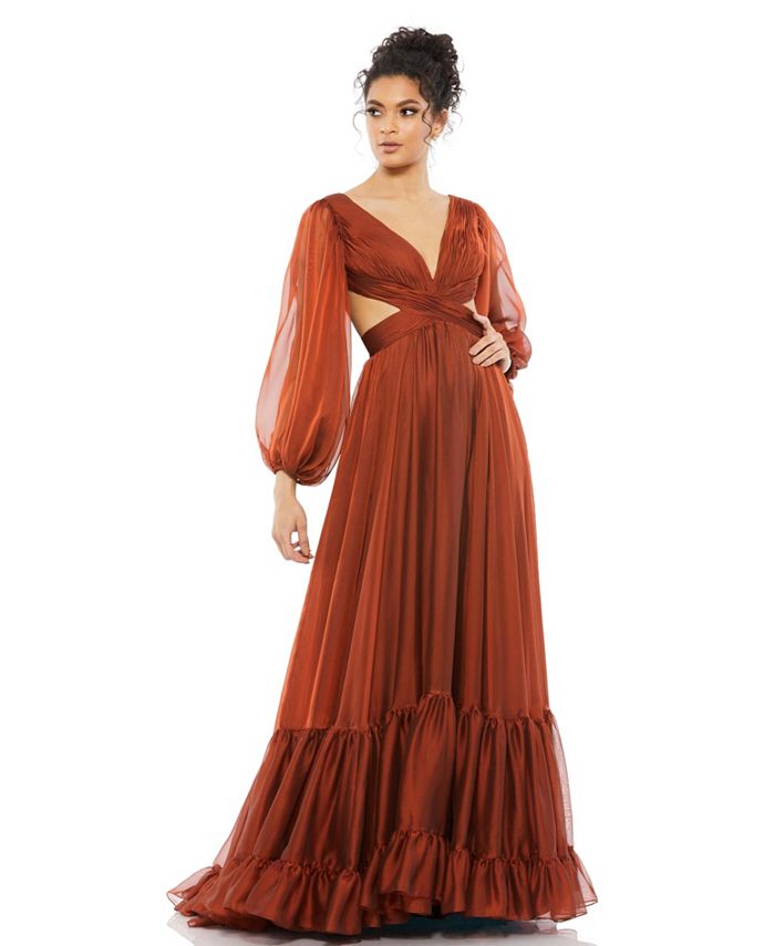 Mac Duggal Women's Pleated Cut Out Long Sleeve Lace Up Tiered Gown - Macy's