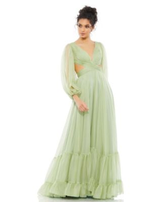 Mac Duggal Women's Pleated Cut Out Long Sleeve Lace Up