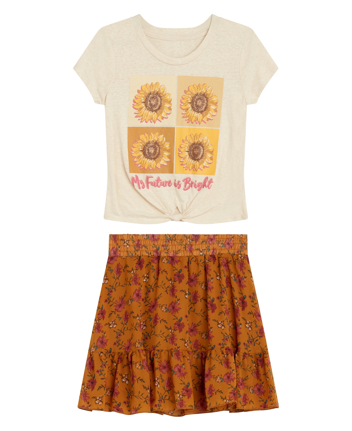Beautees Kids' Big Girls Short Sleeve Crewneck T-shirt And Printed Skirt, 2 Piece Set In Mustard