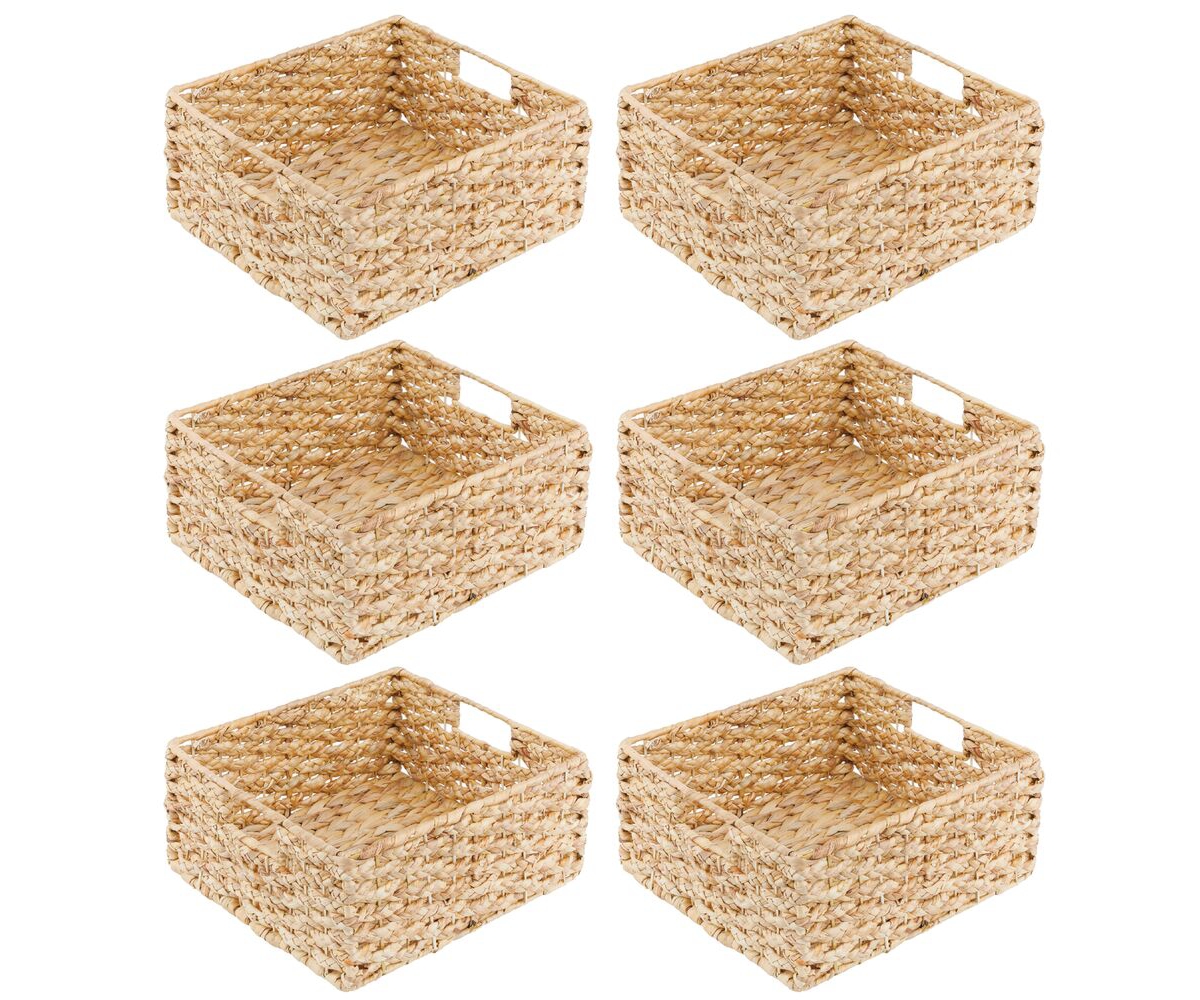 mDesign Hyacinth Braided Woven Pantry Bin Basket, Handles, - 6 Pack,Tan - Natural