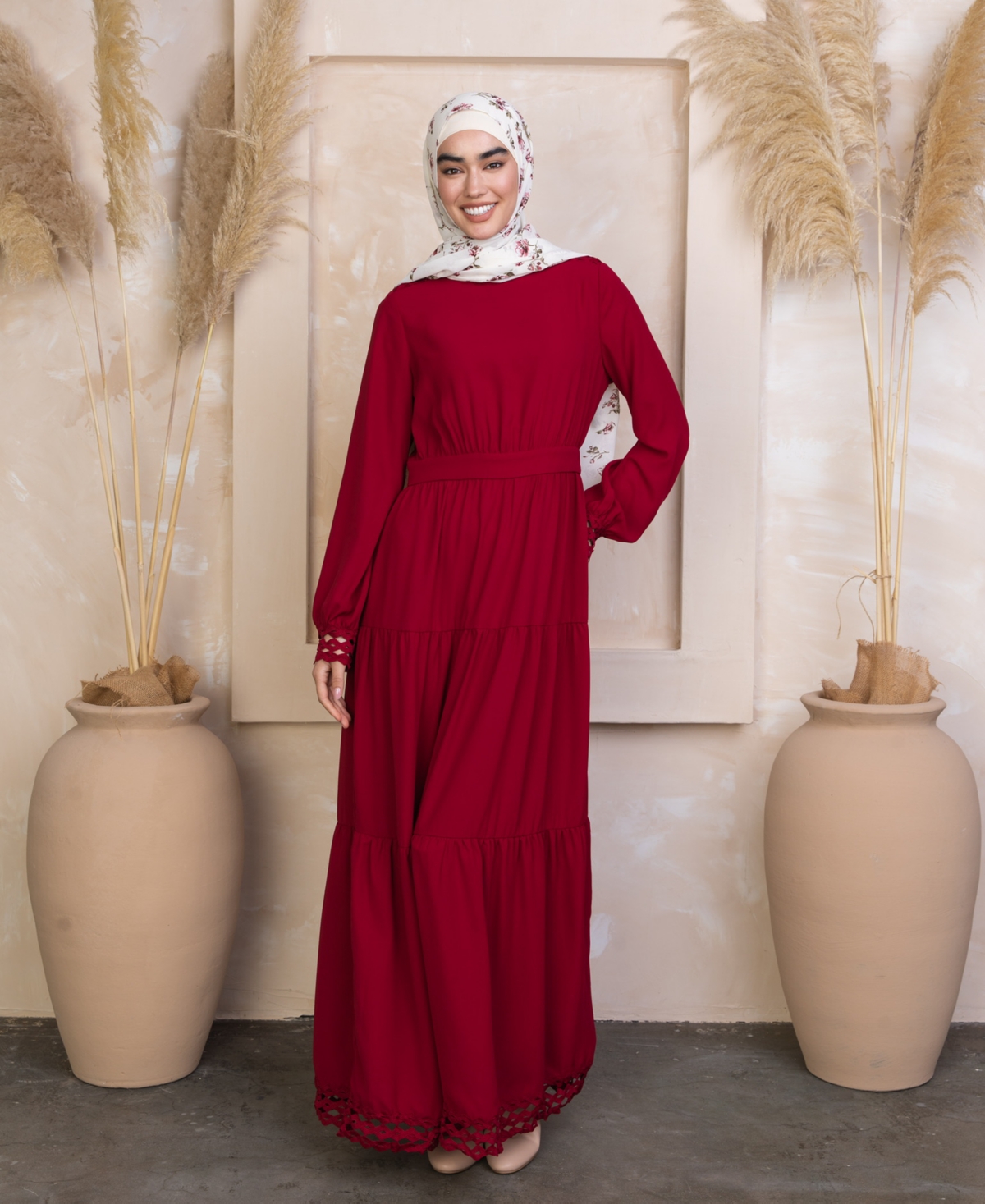 Women's Lace-Trim Tiered Maxi Dress - Maroon