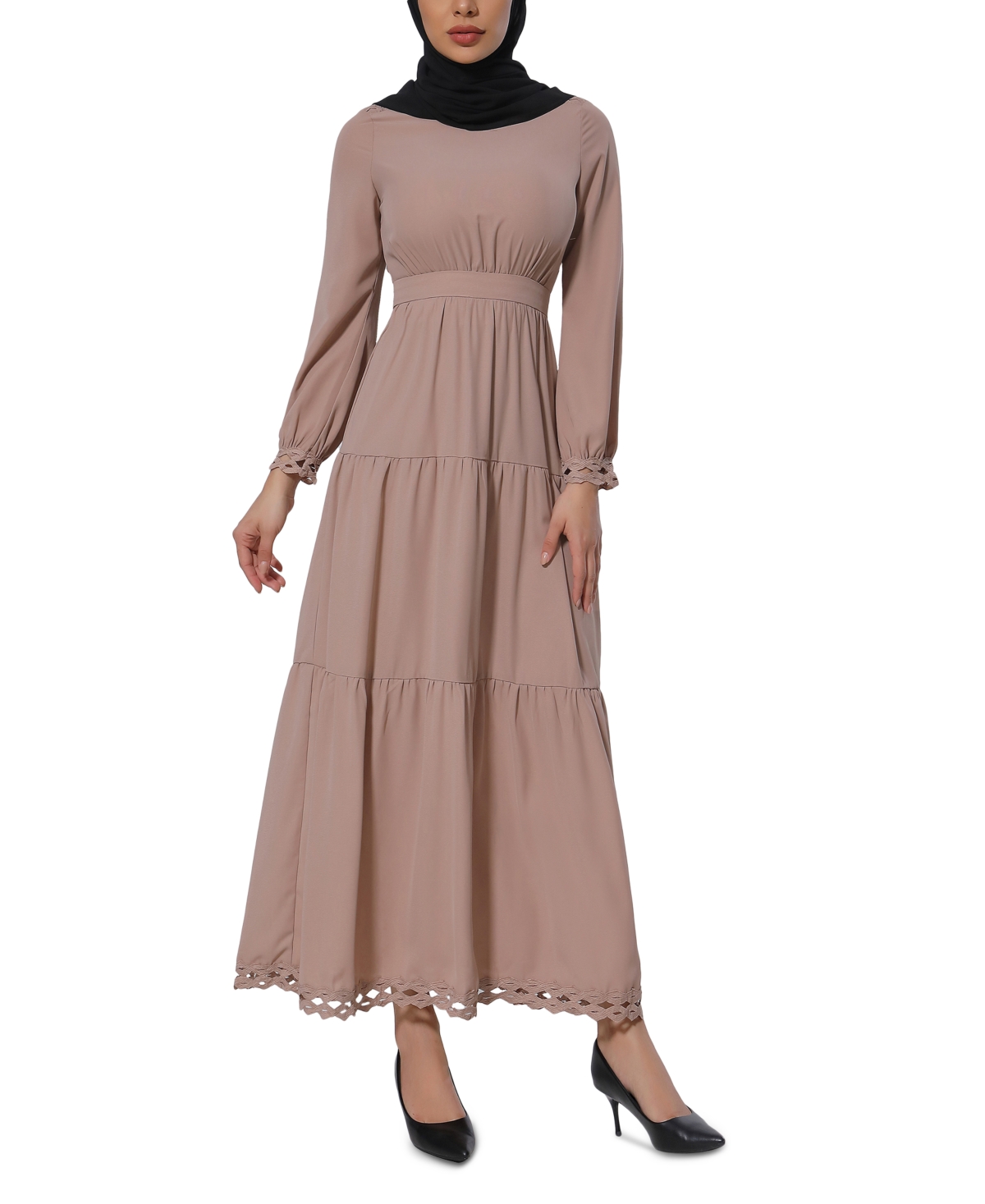 Women's Lace-Trim Tiered Maxi Dress - Taupe