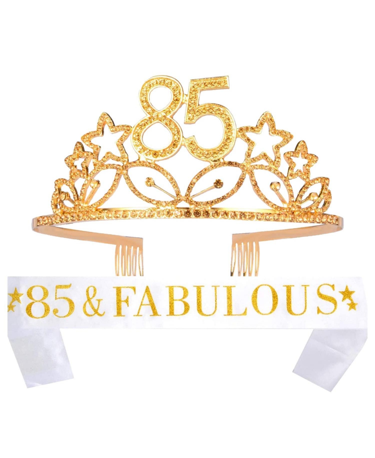85th Birthday Sash and Tiara for Women - Fabulous Glitter Sash + Stars Rhinestone Premium Metal Tiara for Her, 85th Birthday Gifts for 85 Celebration