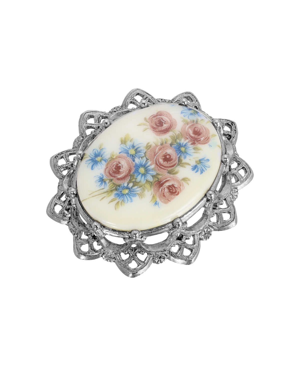 2028 Glass Oval Floral Brooch In Silver