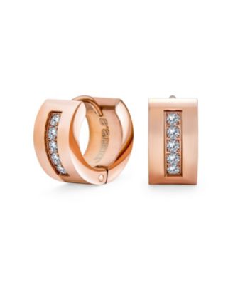 Unisex Channel Set 3 Row Cubic Zirconia CZ K-pop Wide Mini Hoop Huggie Earrings For Men For Women Black Plated Steel Stainless