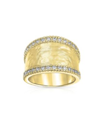 Modern Style CZ Accent Band Fashion Statement Brushed Hammered Wide Band Ring Yellow Gold Plated Brass Or Rhodium Plated Brass