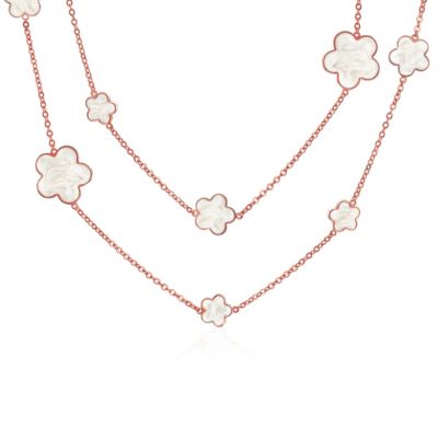 Large & Small Enamel Flower Station Chain Wrap Layer Clover Necklace Rose Gold Plated
