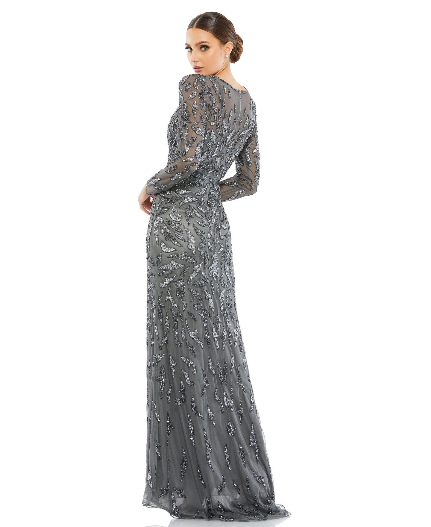 Женские платья Mac Duggal Beaded Long Sleeve Evening Gown, цвет: Угольный — фото 3