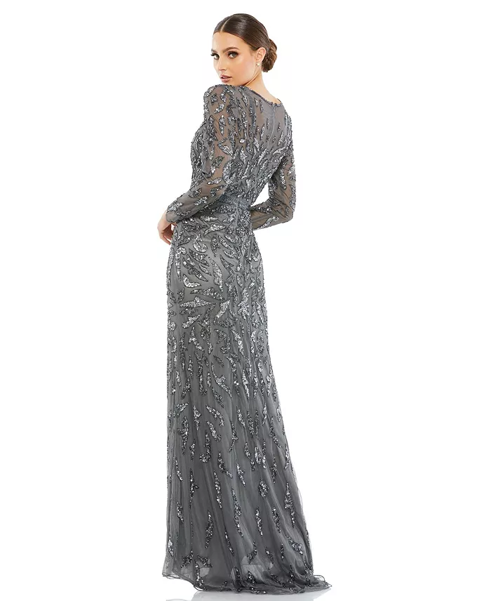 Women's Beaded Long Sleeve Evening Gown - thumbnail 6