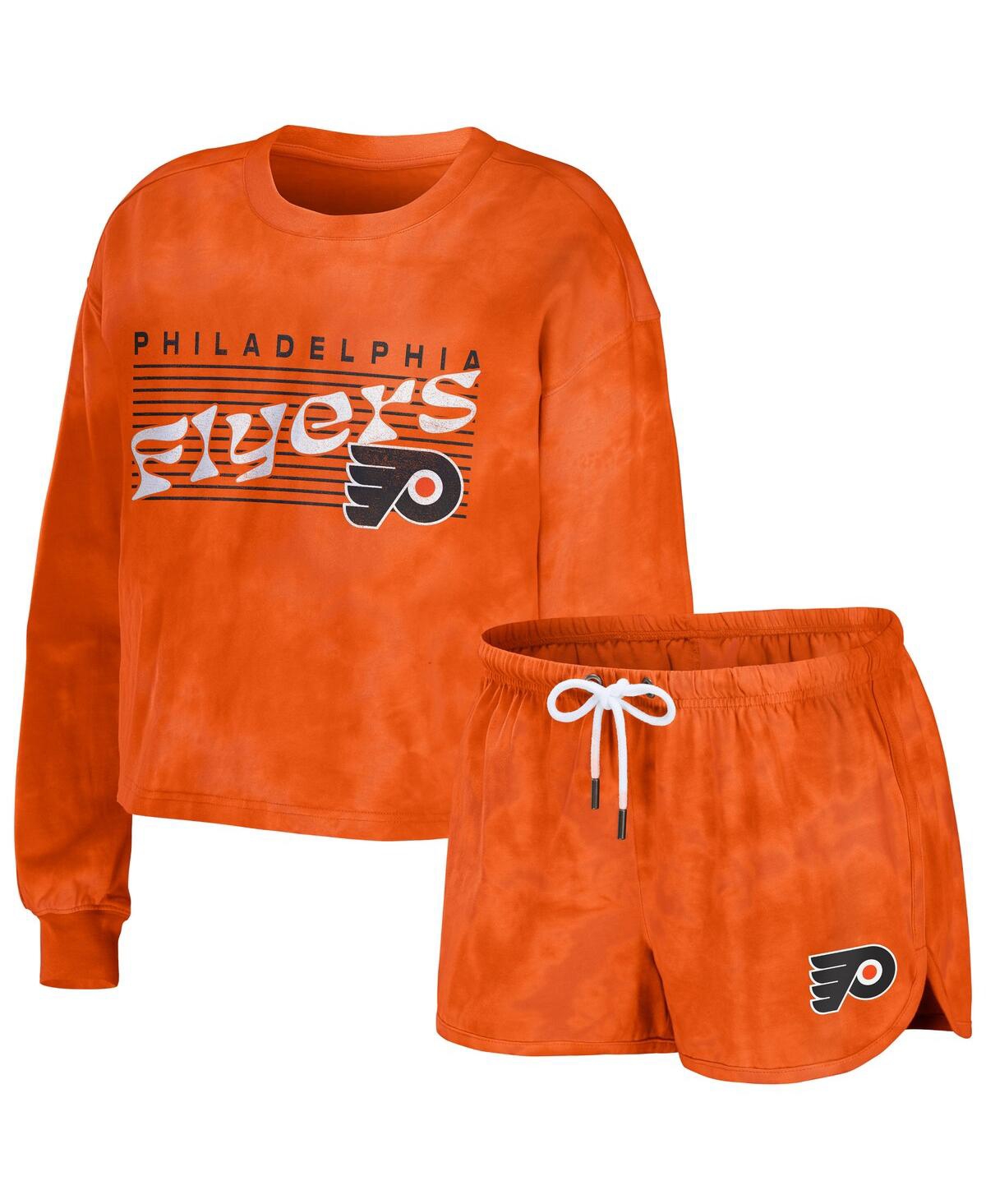 Women's Wear by Erin Andrews Orange Philadelphia Flyers Tie-Dye Cropped Pullover Sweatshirt and Shorts Lounge Set - Orange