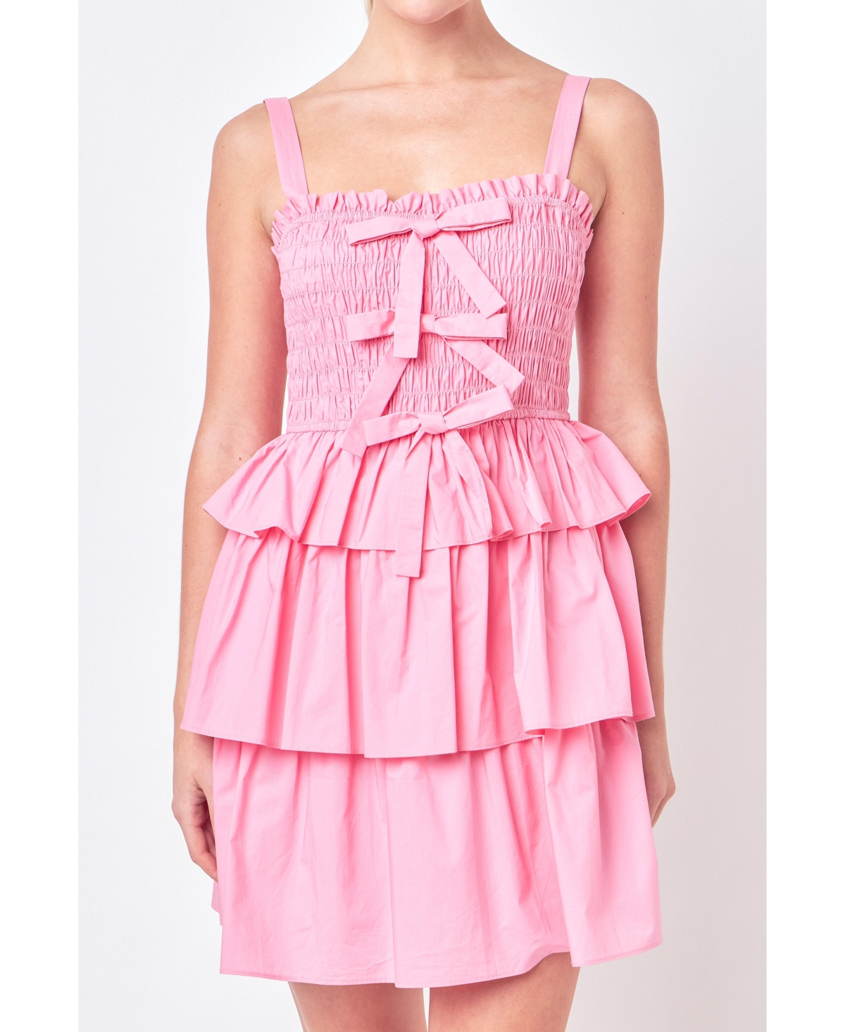 Women's Ruffle tiered Mini Dress with Ties - Pink