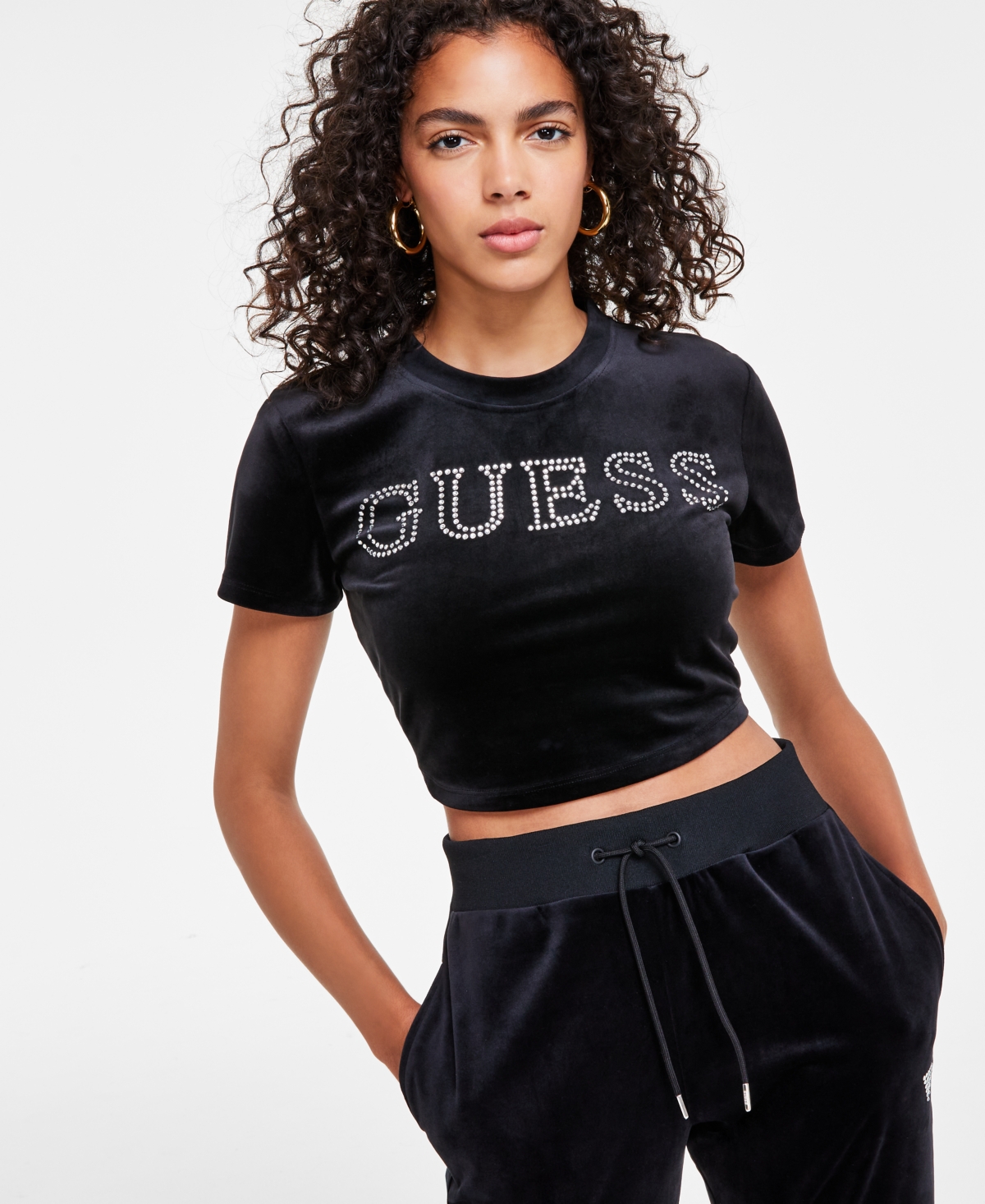 Guess Women's Couture Logo Short-sleeve Cropped Top In Jet Black A