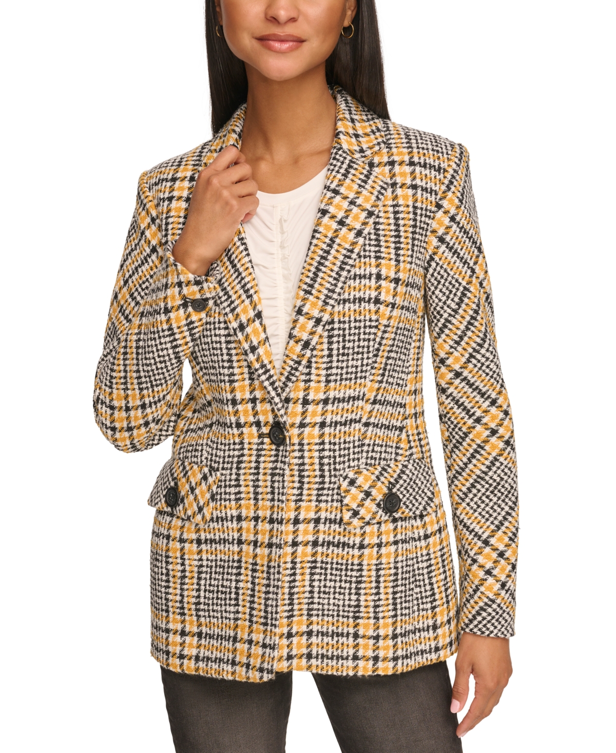 Karl Lagerfeld Paris Women s Tweed Plaid One Button Blazer Cream Golden Yellow Smart Closet