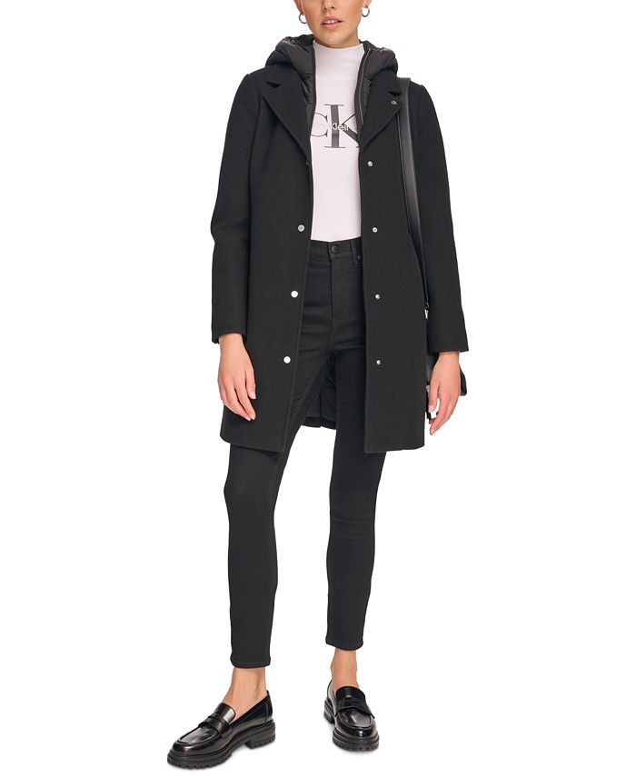 Calvin Klein Women's Hooded Bibbed Mixed Media Coat Macy's
