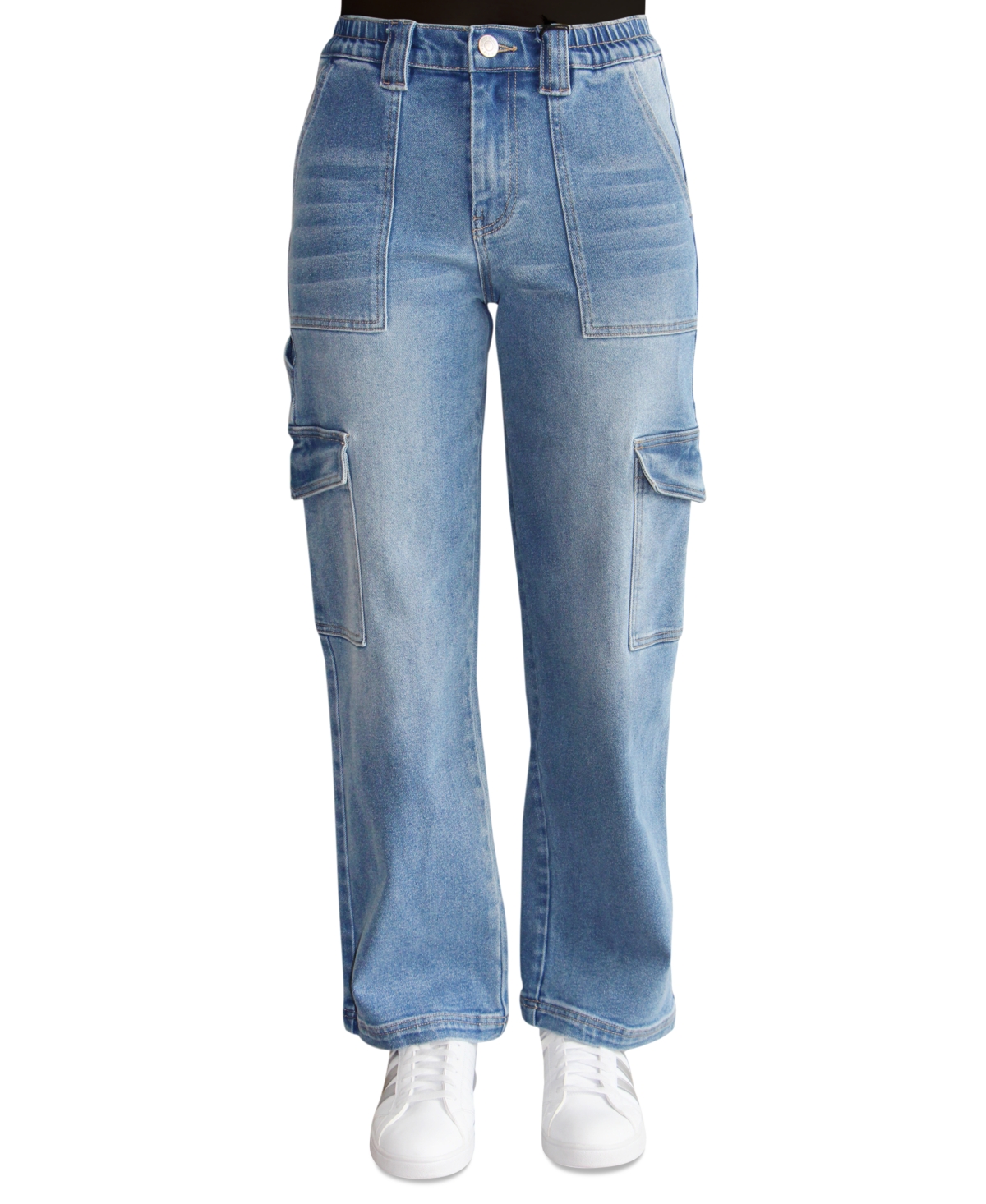 Almost Famous Crave Fame Juniors' Wide-leg Utility Cargo Jeans In Medium Wash