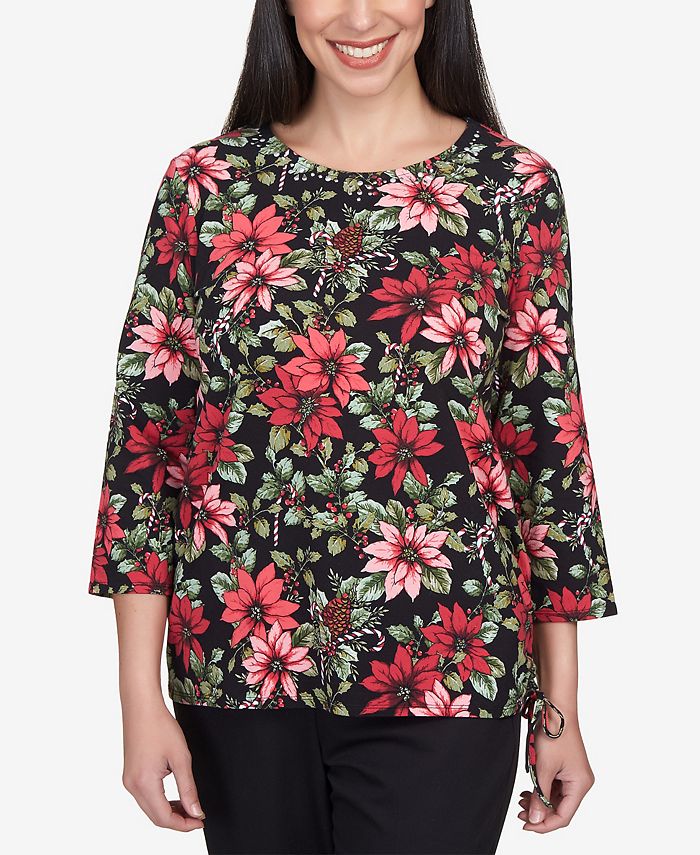 Alfred Dunner Women's Classics Poinsettia and Candy Canes Crew Neck Top