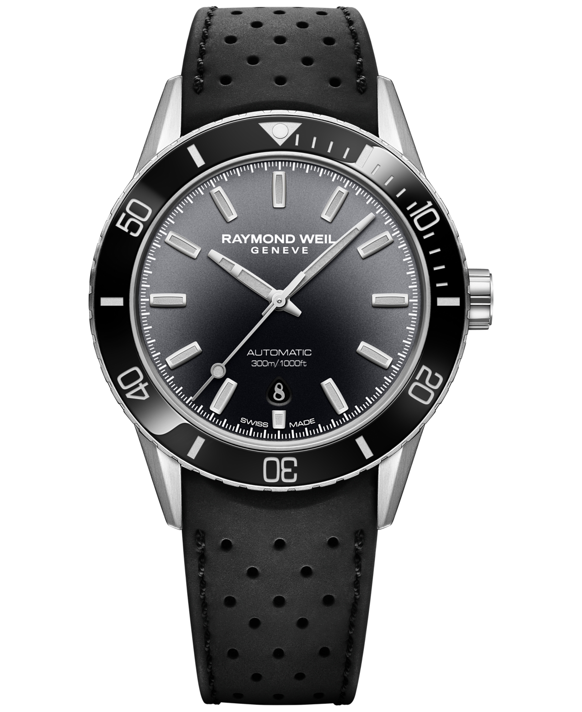 Raymond Weil Men's Swiss Automatic Freelancer Diver Black Perforated Rubber Strap Watch 43mm