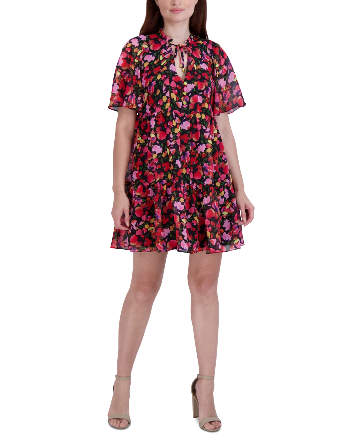 Shop Bcbgeneration Women's Printed Flutter-sleeve Tie-neck Shift Dress In Water Color Wildflower