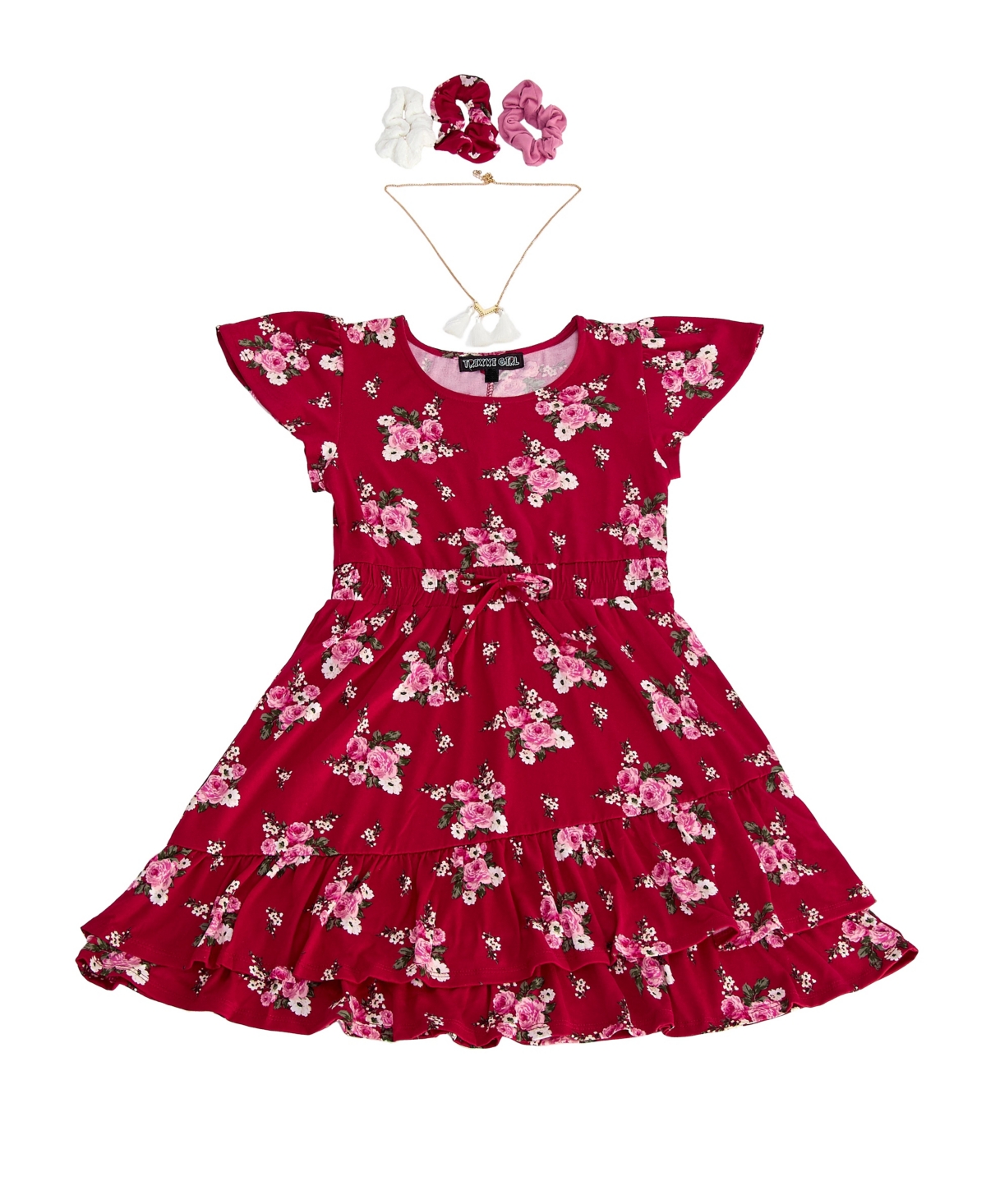 Trixxi Big Girls Short Sleeve Printed Dress, Scrunchie And Necklace Set In Burgundy