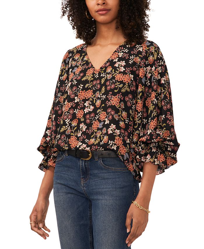 Vince Camuto Women's Floral-Print Smocked-Cuff Top - Macy's