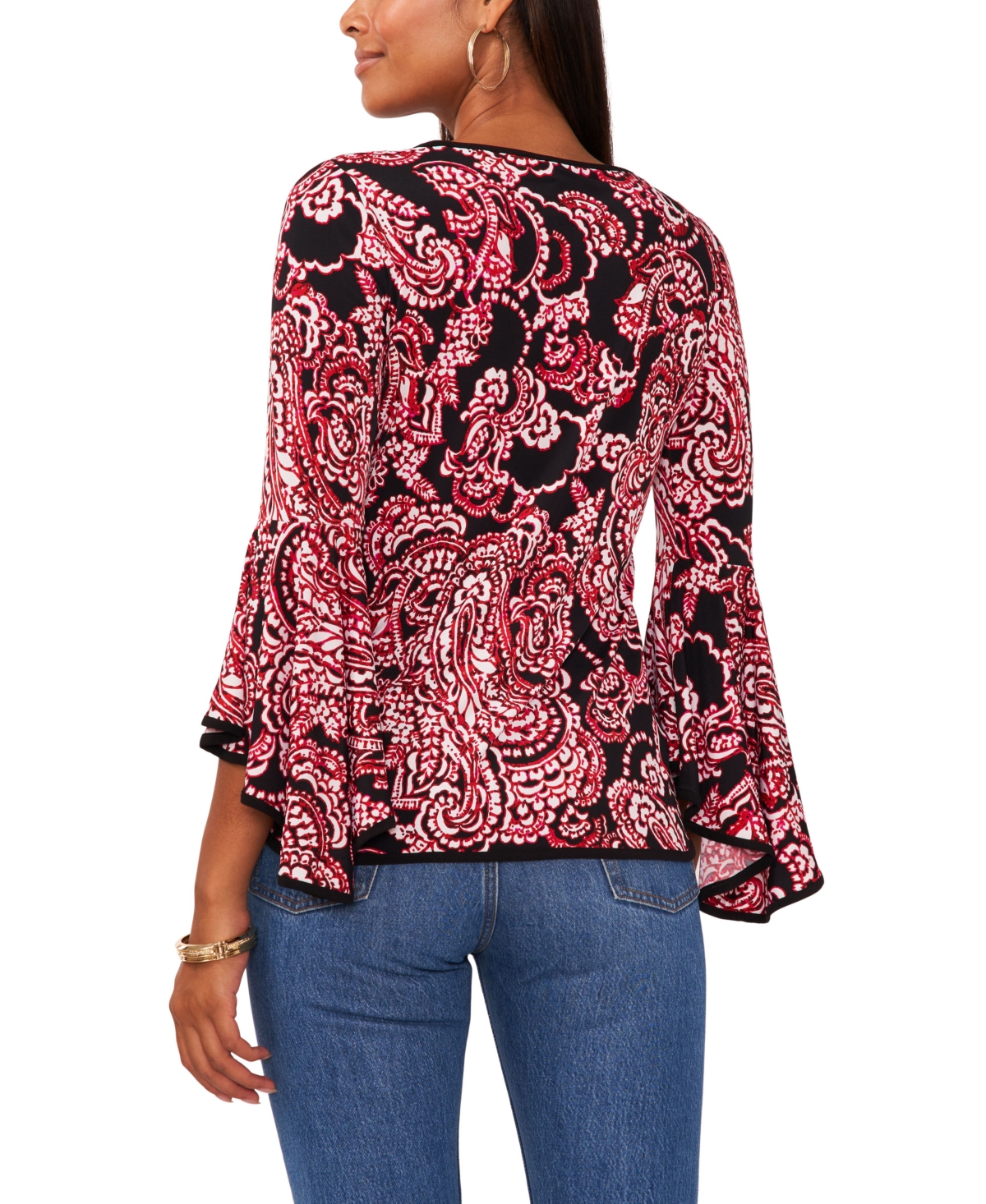 Sam & Jess Petite Contrast-trim Bell-sleeve Top In Black  Red Paisley