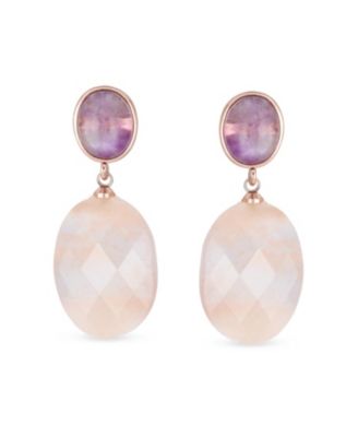 Elegant Purple Amethyst Oval Accent Briolette Peach Pink Natural Rose Quartz Faceted Oval Drop Earrings Rose Gold Plated