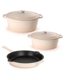 BergHOFF Neo 3Pc Cast Iron Cookware Set, Fry Pan 10, Square Grill Pan 11  & Slotted Steak Press, White in 2023