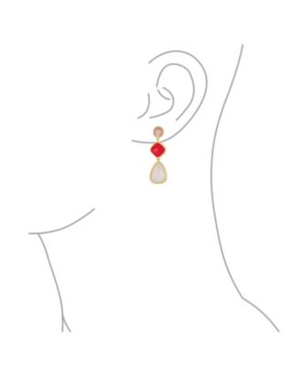Unique Long Round Square Teardrop Shape 3 Multi-Tier Summer Party Red Peach Pink Synthetic Quartz Dangling Earrings Gold Plated