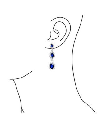Long Royal Blue Triple Oval Halo Blue CZ Chandelier Earrings Cubic Zirconia Rhodium Plated Brass