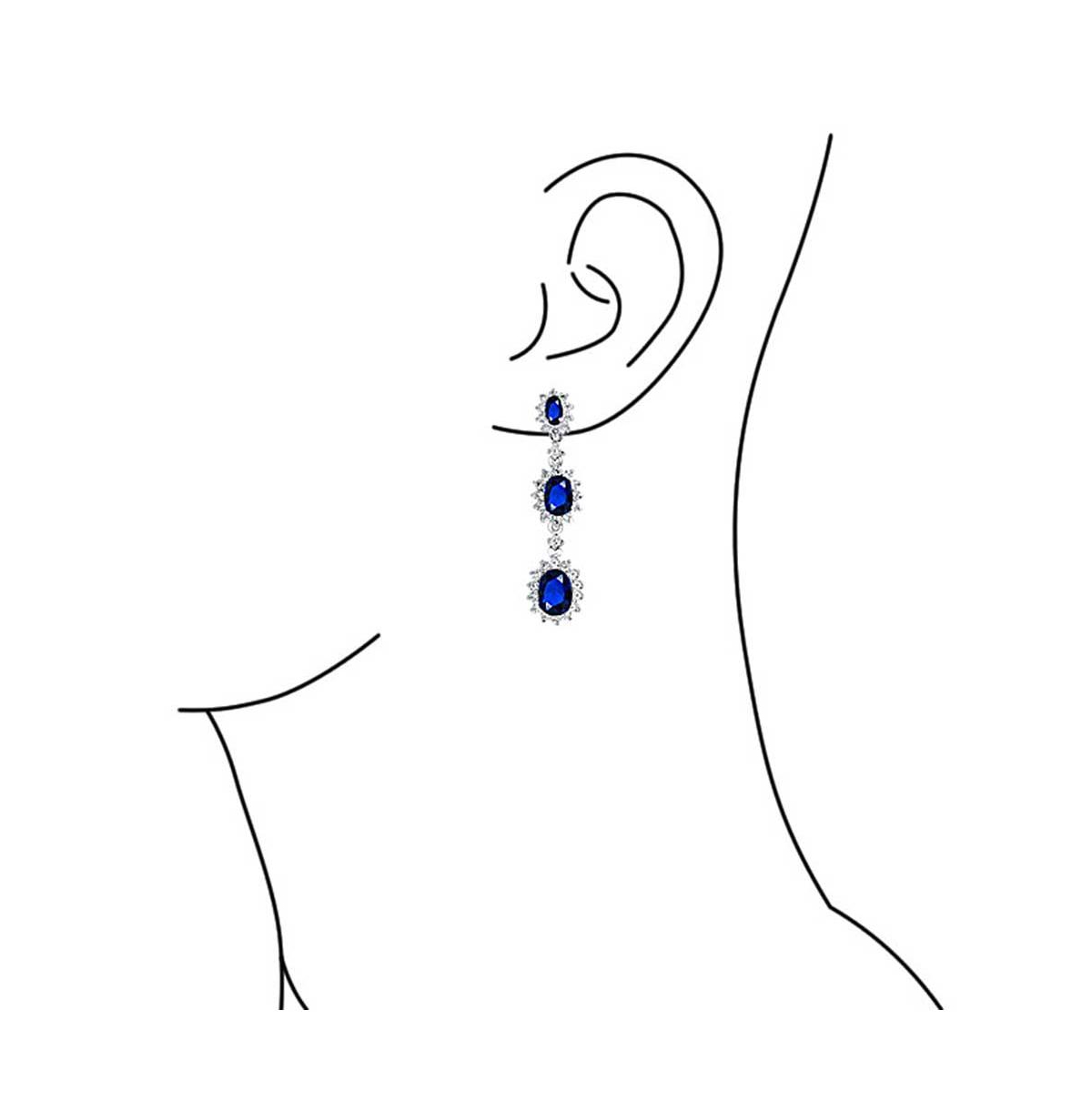 Bling Jewelry Long RoyalTriple Oval HaloCz Chandelier Earrings For Women Cubic Zirconia Rhodium Plated Brass - Blue