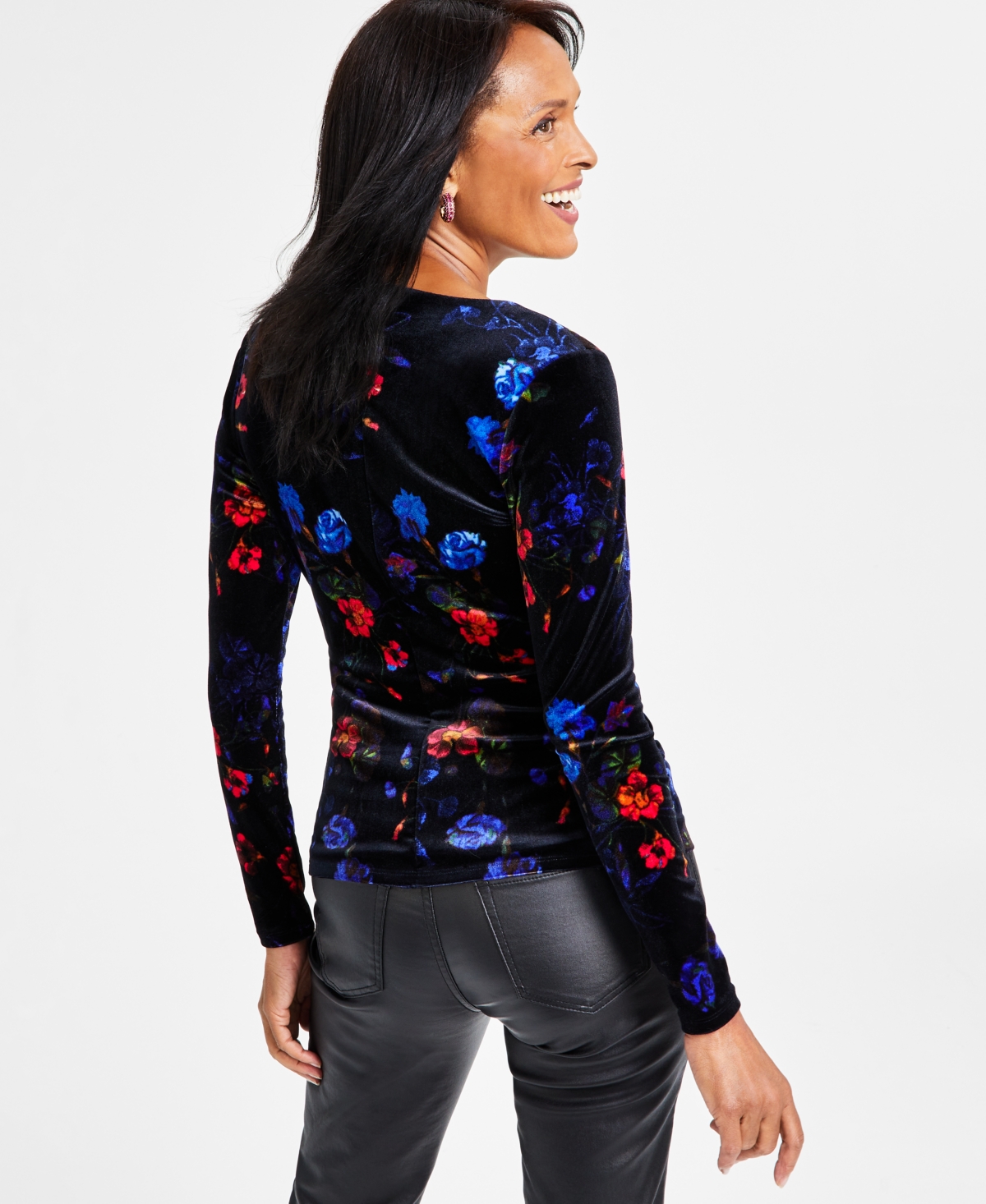 I.n.c. International Concepts Women's Printed Asymmetrical-Neck Velour Top, Created for Macy's