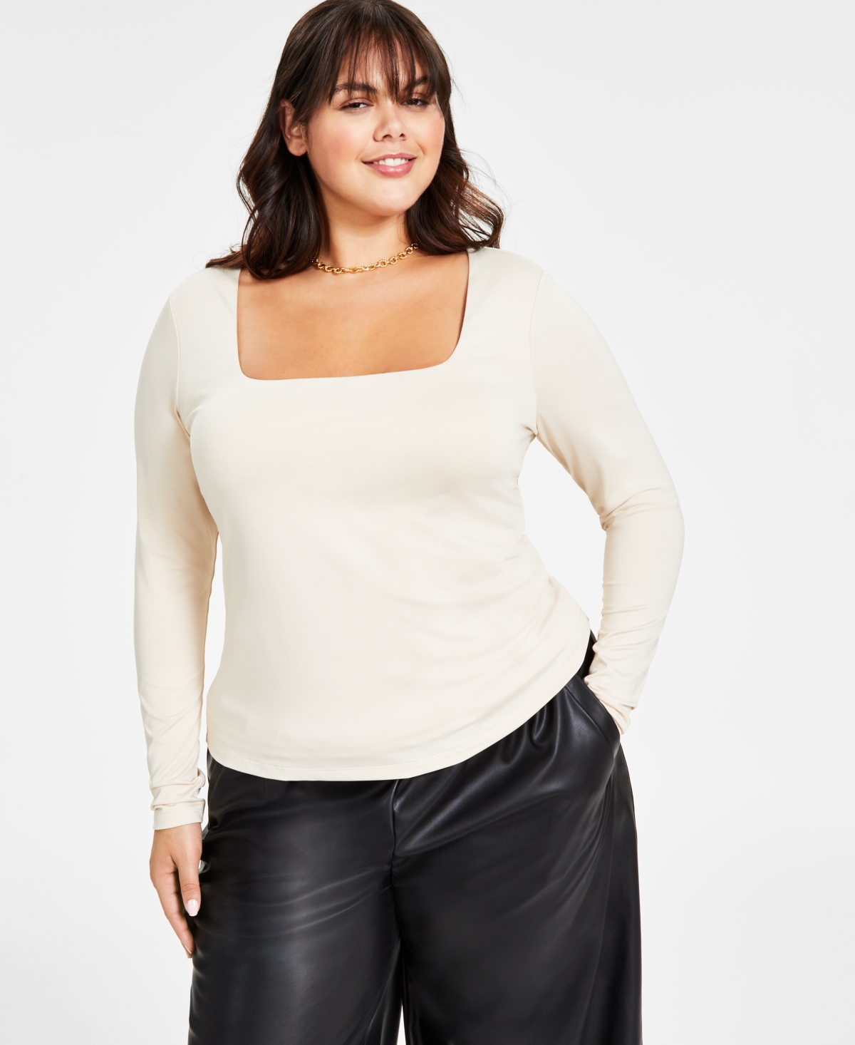 Bar Iii Plus Size Shine Long-sleeve Square-neck Top, Created For Macy's In Brazilian Sand
