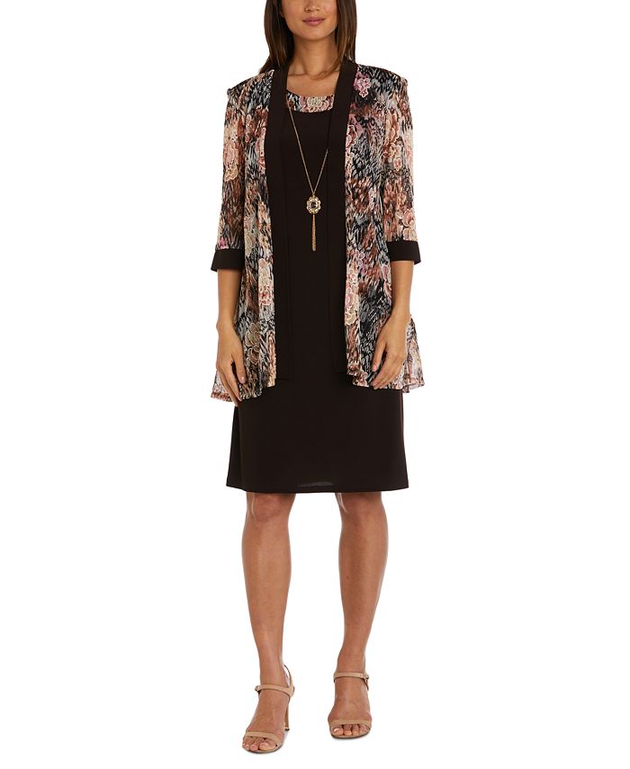 R M Richards Petite Floral Open Front Jacket Necklace Dress