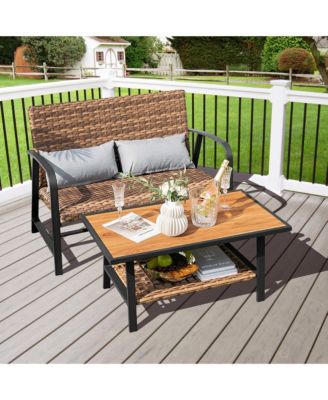 2 PCS Patio Rattan Loveseat Coffee Table Set Padded Back and Seat Pillow w/Shelf