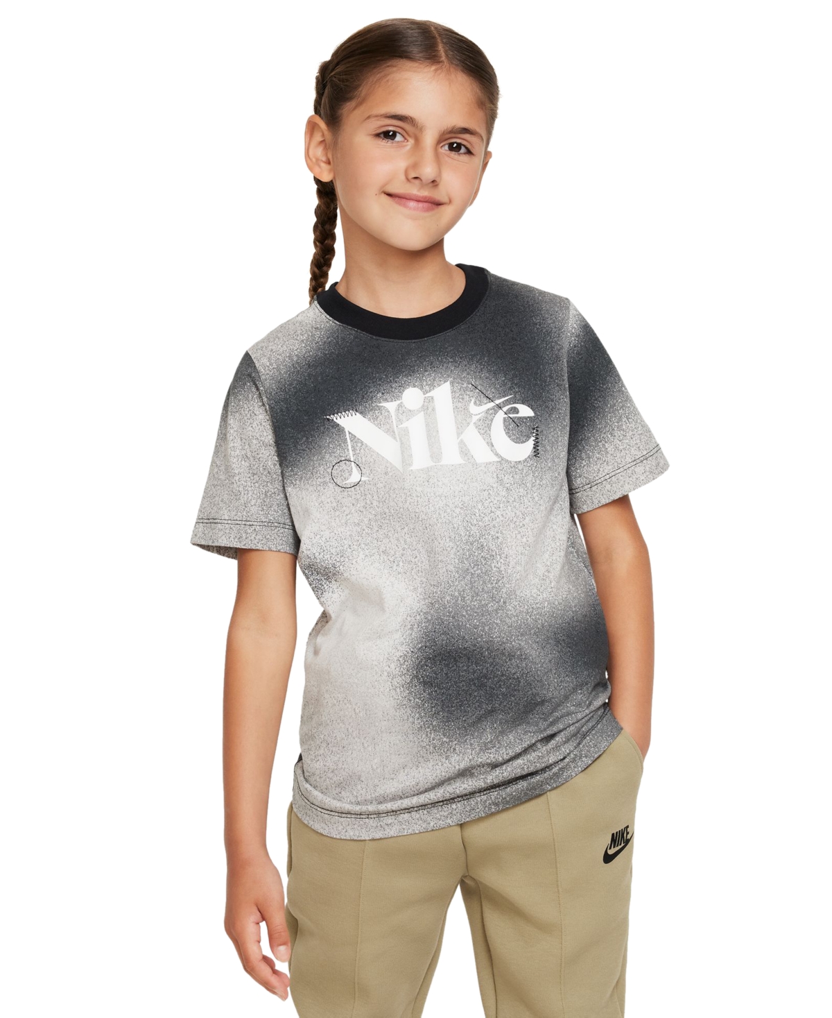 Nike Big Kids Sportswear Standard-fit Printed T-shirt In Light Smoke Grey