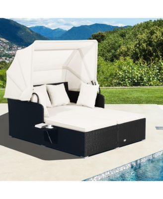 Patio Rattan Daybed Lounge Retractable Top Canopy Side Tables Cushions