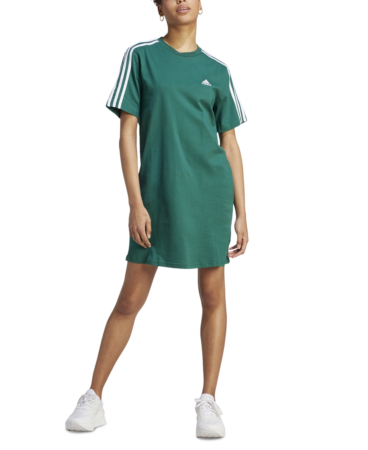 Adidas Originals Women's Active Essentials 3-stripes Single Jersey Boyfriend Tee Dress In Collegiate Green,white