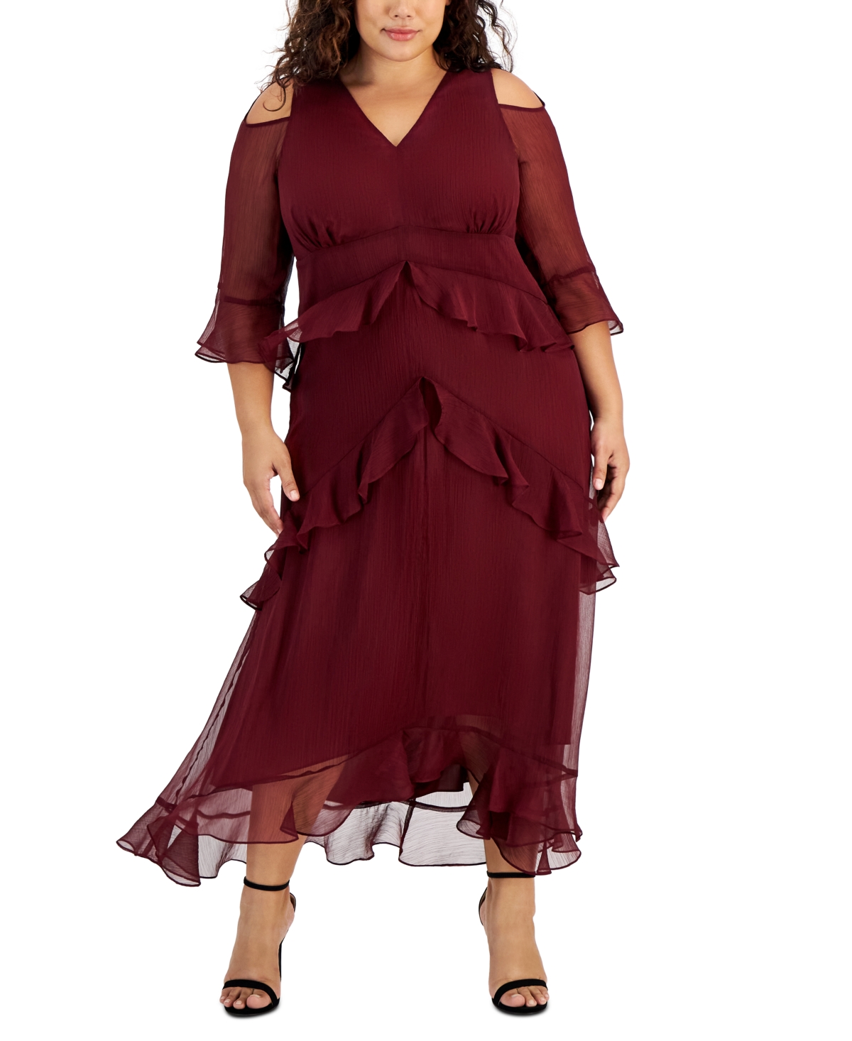 Tahari Plus Size V-neck Ruffle-trim Chiffon Dress In Burgundy Multi