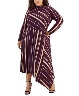 Taylor - Plus Size Mock Neck Asymmetric Striped Jersey Dress