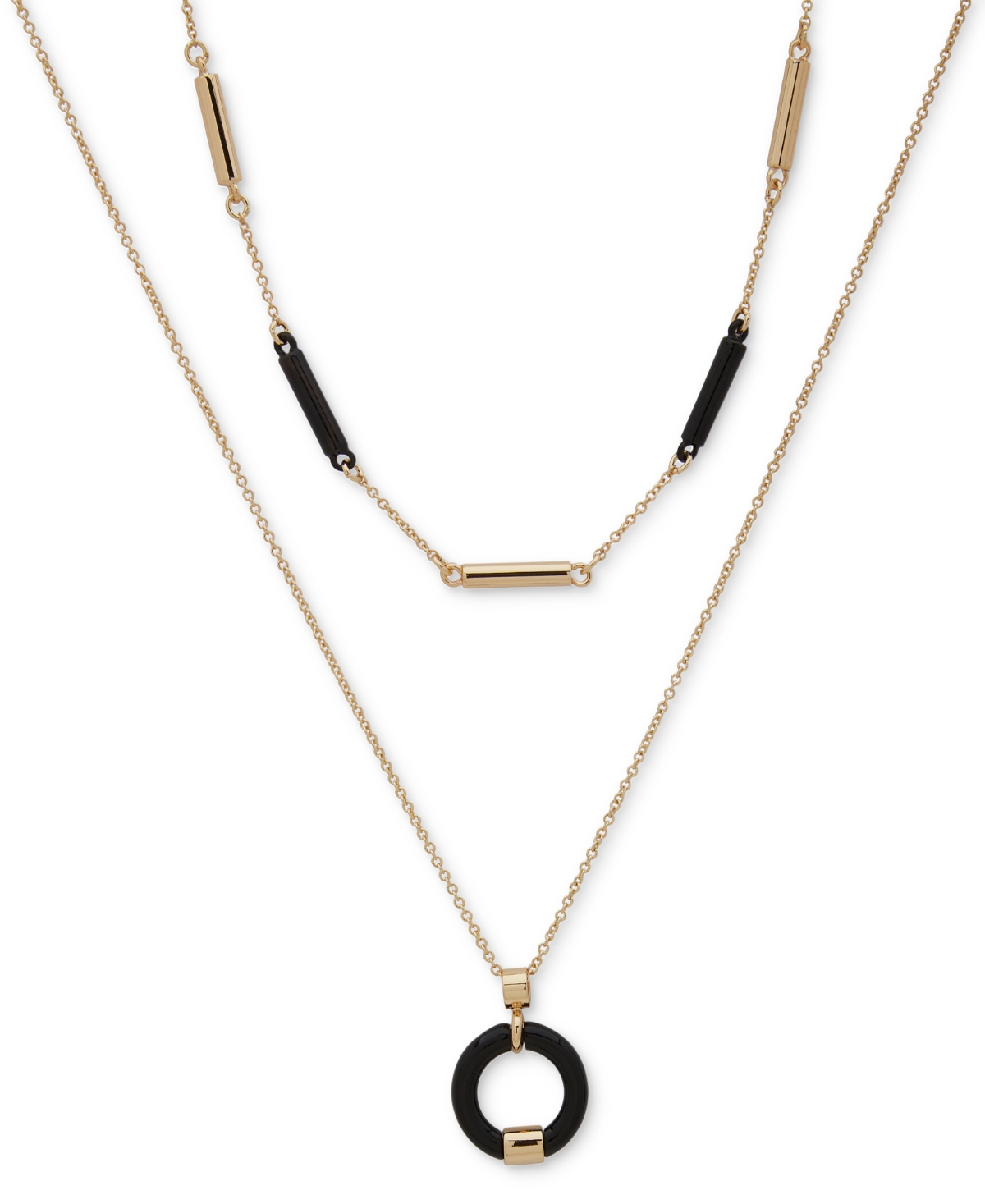 Dkny Gold-tone Black Bar & Circle Layered Pendant Necklace, 16" + 3" Extender In Jet