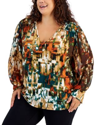 Calvin Klein - Plus Size Smocked-Shoulder Blouson-Sleeve Top