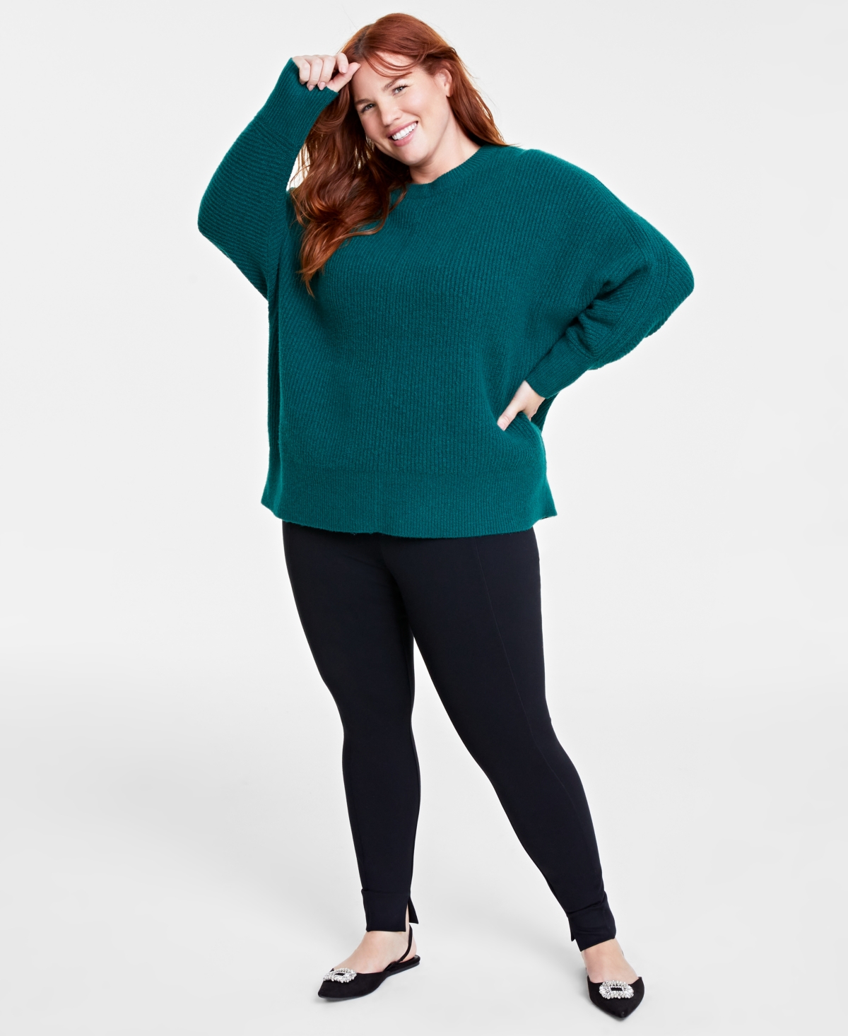 On 34th Plus Size Dolman-sleeve Crewneck Sweater, Created For Macy's In Dark Forest