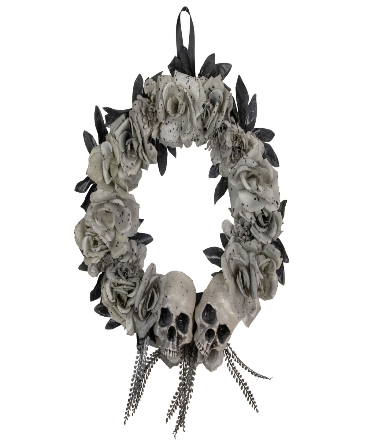 Northlight Double Skull And Roses Halloween Wreath, 16" Unlit In Gray