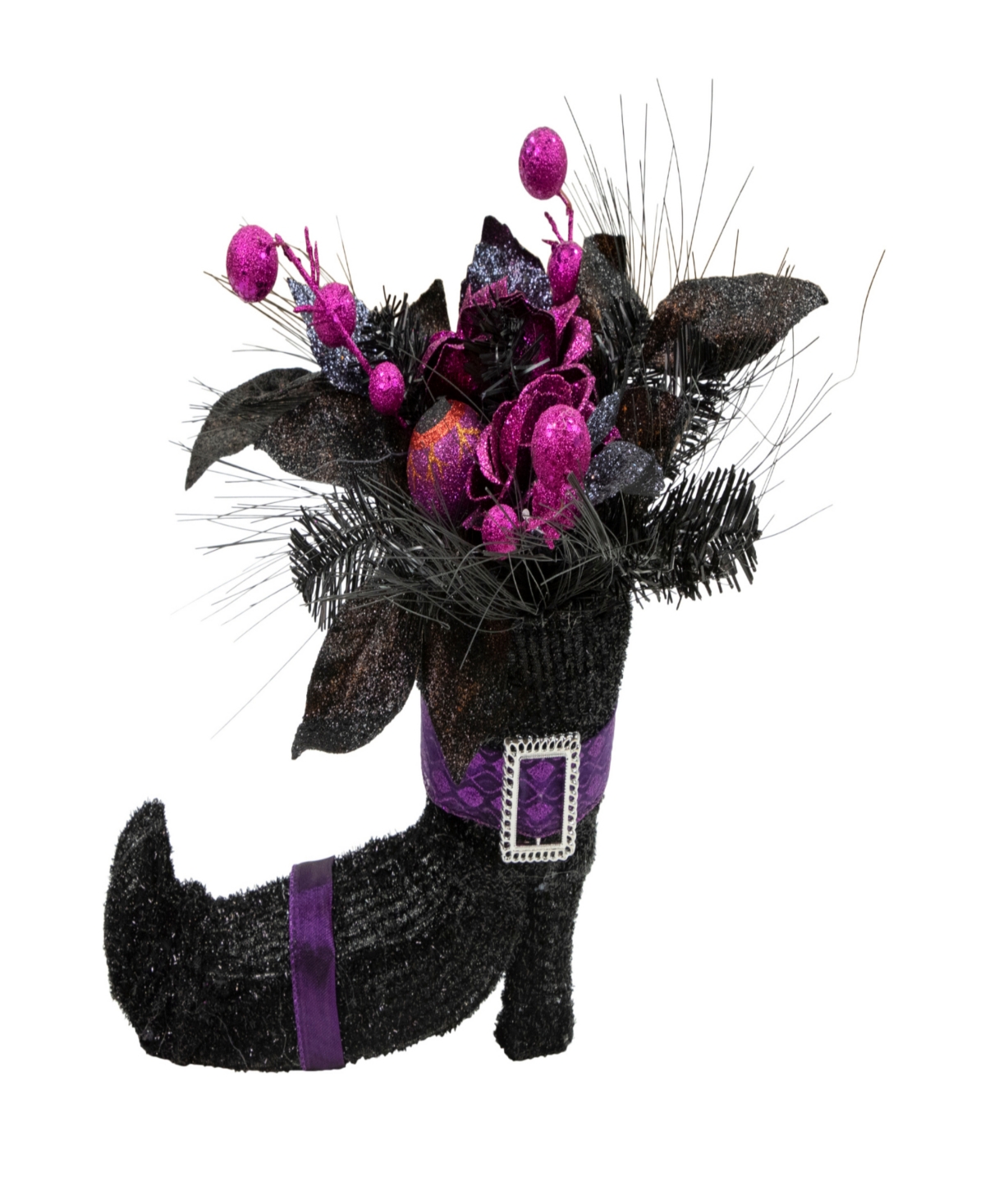 12" Witch's Boot with Glittered Roses Halloween Decoration - Black
