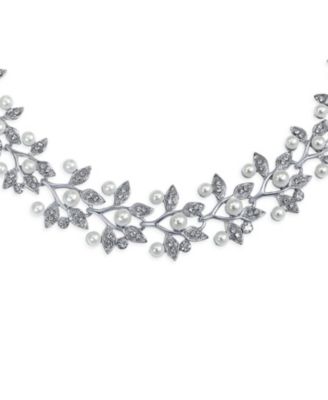 Large Fashion Leaves Leaf Motif Simulated White Pearl Cubic Zirconia Pave CZ Leaf Bib Statement Necklace Jewelry Set