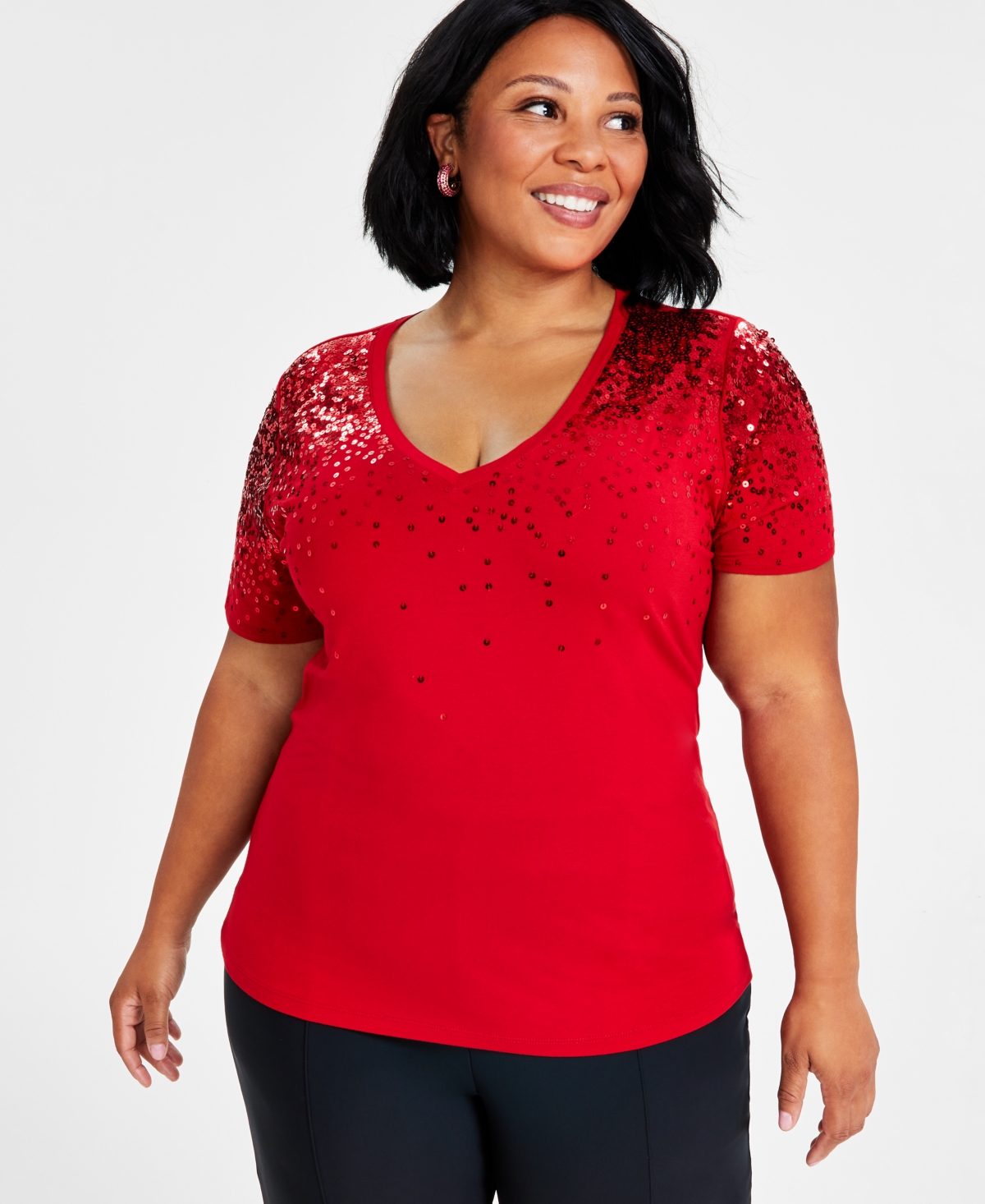 Inc International Concepts Plus Size Raining Sequin V-neck Top, Created For Macy's In Red Zenith
