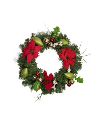 Decorated Poinsettia and Pine Artificial Christmas Wreath 24" Unlit ...